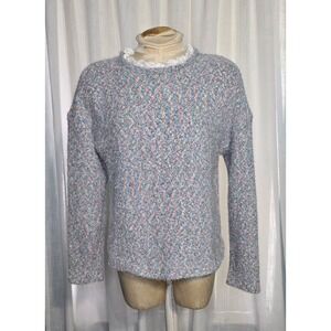 Springfield Women Blue Pastel Multicolor Lace Trim‎ Fuzzy Knit Sweater Size 4 M